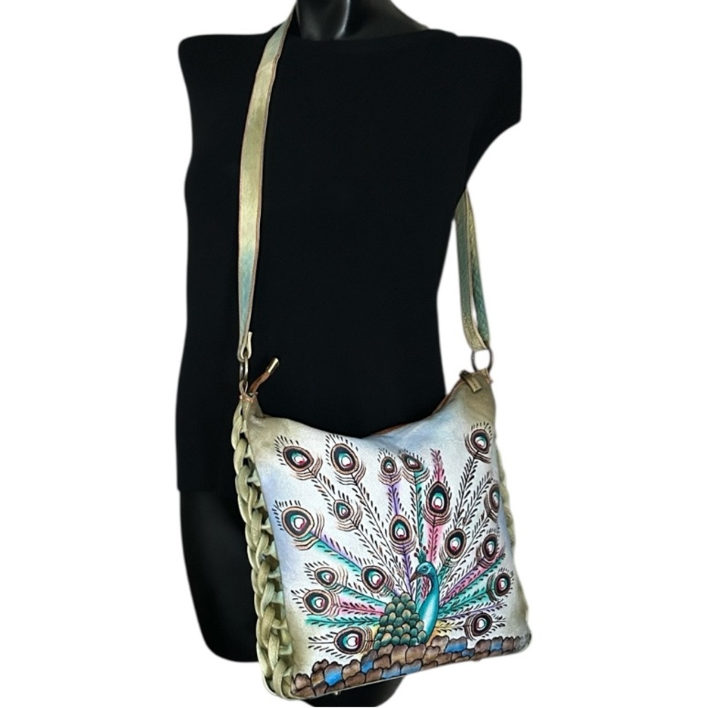 Magnifique Hand Painted Peacock Leather Crossbody Bag with Side Braid Accent